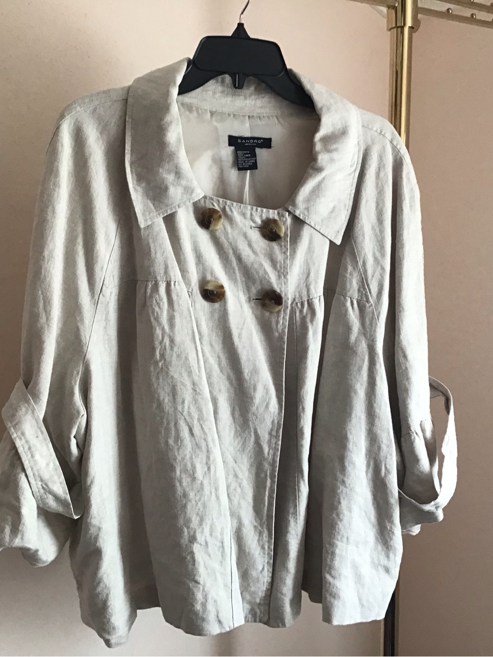 Sandro Beige Double-Breasted Linen Jacket with Tortoiseshell Buttons